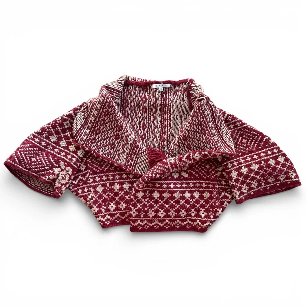 Cabi M Red White Fair Isle Wool Blend Pin Closure Knit Wrap Nordic Shrug Sweater